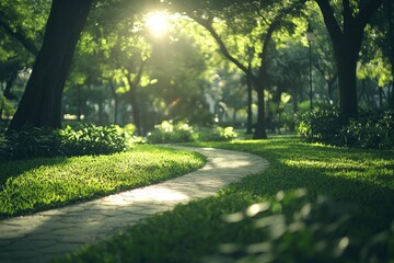 Naklejka premium Winding path through lush greenery illuminated by soft sunlight