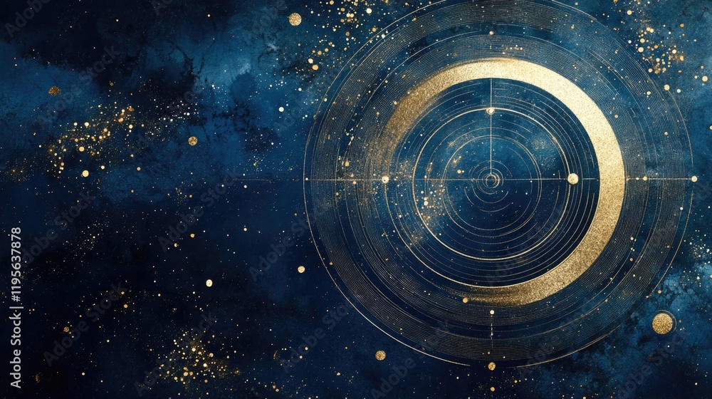 Poster cosmic design featuring golden circular patterns against deep bl