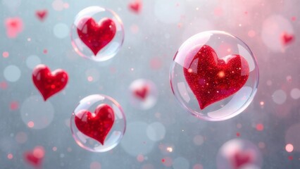 Fototapeta premium Background of red hearts in soap bubbles, space for text, Valentine's day