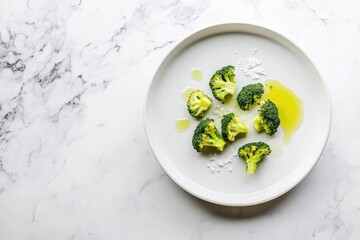 Fresh broccoli arranged artistically on white plate with olive o