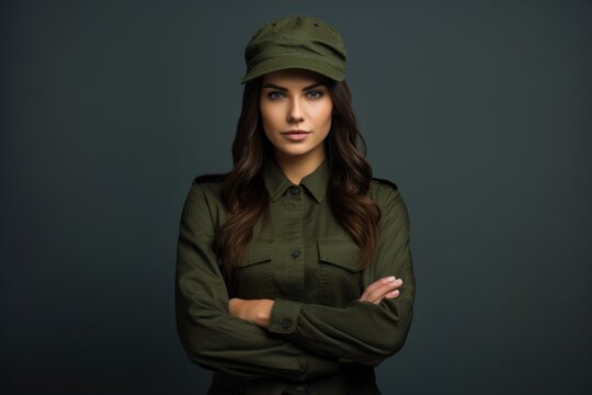Green Militar Style Portrait. Tough and Sporty Woman in Military Jacket and Hat Crosses Arms as Symbol of Sacrifice and Armed Service