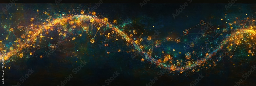 Poster glowing dna double helix with vibrant molecular connections illuminated by scattered light. generati