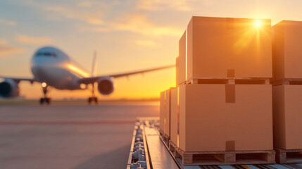 Detailed Shot of Cargo Boxes Loaded at the Airport With Airplane Preparing for Takeoff at Sunset