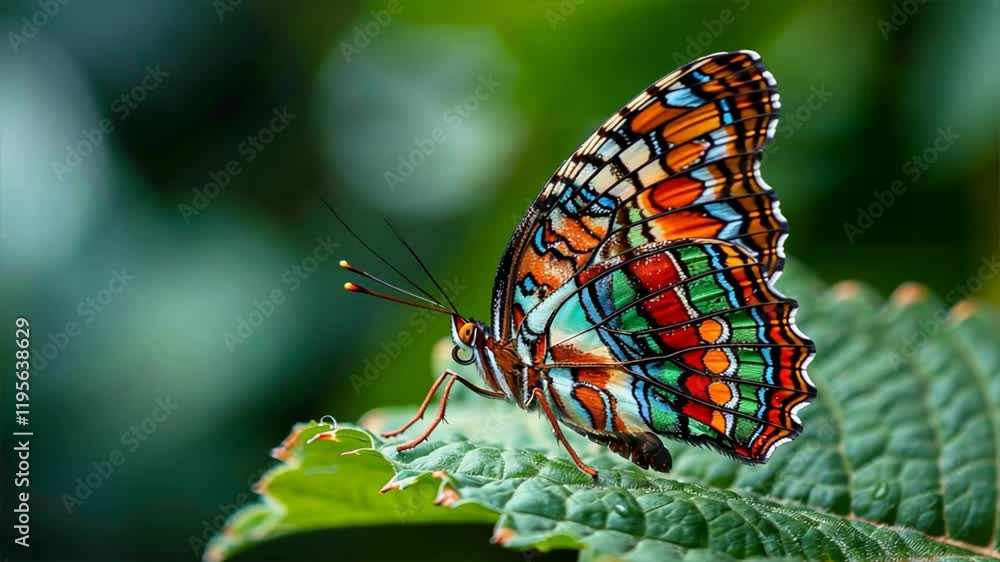 Poster colorful macro close up of vibrant butterfly on leaf, showcasing natures intricate insect wings and 