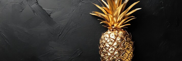 Luxurious golden pineapple shining against a dark textured background exuding elegance and style in...