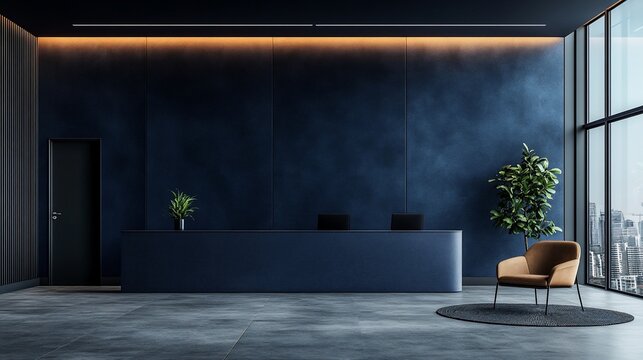Modern office reception desk, city view, waiting area