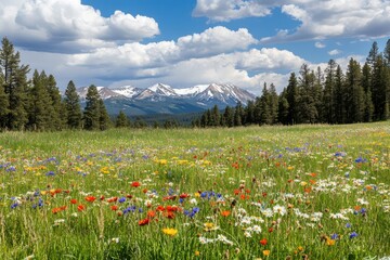 Fototapeta premium A peaceful meadow filled with vibrant wildflowers, surrounded by a dense pine forest and distant snow-capped mountains