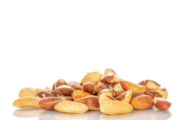 Brazil nuts without shells, macro, isolated on white background.