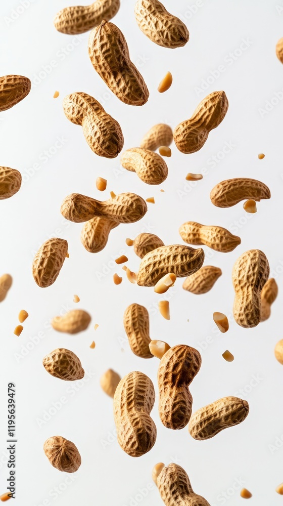 Aufkleber Numerous peanuts and peanut pieces are levitating against a clean white backdrop, creating a visually appealing display of this popular snack