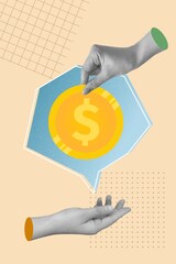 Collage on the theme of money. save money for purchases. financial literacy. hand holds out the money. Good earnings after successful work. profitable business plan.