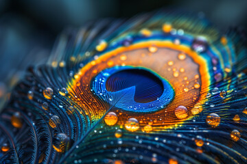 Fototapeta premium Close-up of a peacock feather with water droplets showcasing vibrant colors.