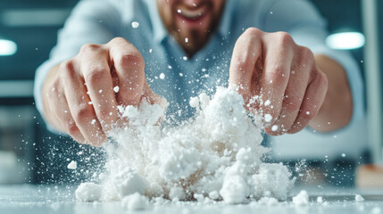 Fototapeta premium Hands Releasing White Powder in an Office Setting During a Creative Process
