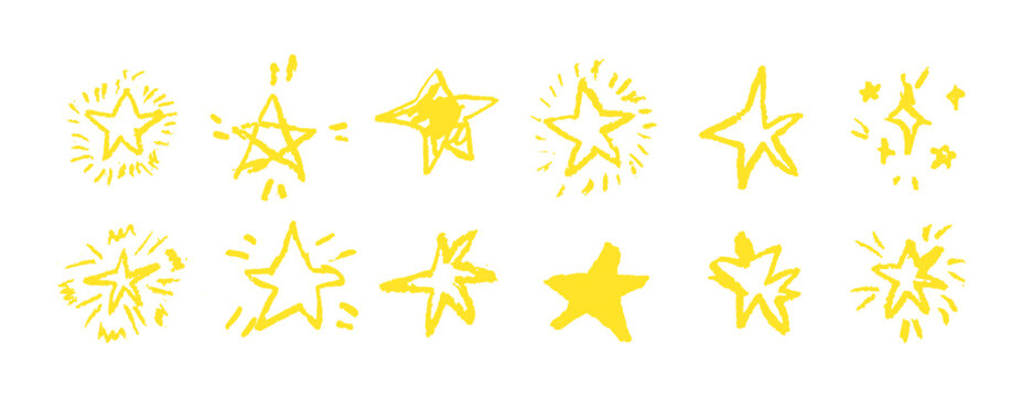 Naklejki Set of gold chalk drawing stars. Shine or sparkle doodle collection. Children style yellow wax pencil handdrawing elements of night sky. Crayon scratch grunge texture star shapes. Vector illustration