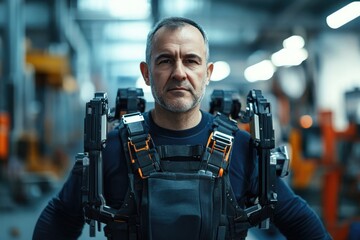 Portrait of determined man in advanced exosuit, showcasing innov