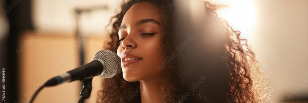 Poster young woman with curly hair singing with passion into a microphone in a recording studio, illuminate