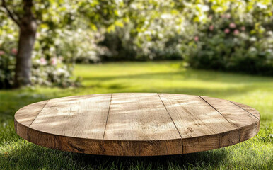 Fototapeta premium Round wooden table in a garden
