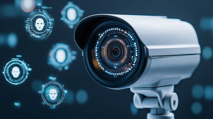 Surveillance Camera Monitoring Faces Against a Dark Gray Background With Digital Overlays