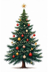Fototapeta premium A tall, lush Christmas tree with deep green needles is beautifully adorned with shiny, red and gold ornaments. Twinkling white lights wrap around the branches, and a sparkling star sits atop