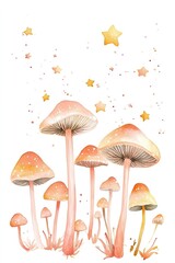 Soft pink mushrooms surrounded by shimmering stars create whimsi