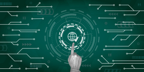 Finger pointing Technology Business Globe Icons Background 