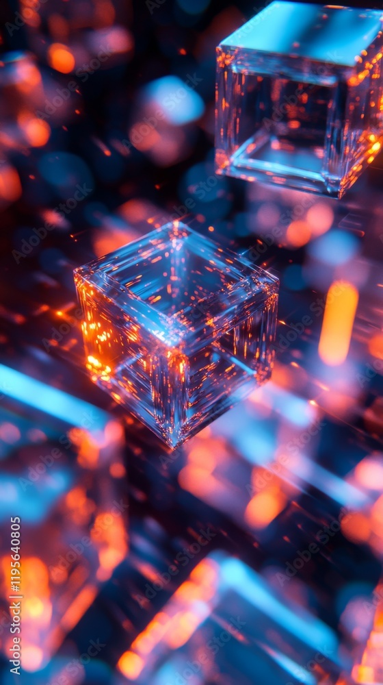 Wall mural a mesmerizing visual display of floating glass cubes illuminated by vibrant blue and orange light. t