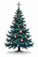 Fototapeta premium A tall, lush Christmas tree with deep green needles is beautifully adorned with shiny, pink and blue ornaments. Twinkling white lights wrap around the branches, and a sparkling star sits atop