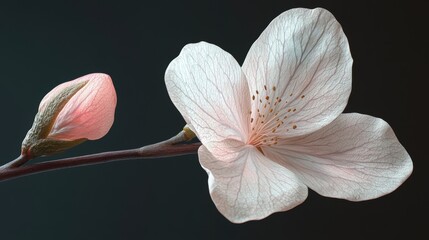 Close-up of delicate pink cherry blossom and bud on dark background