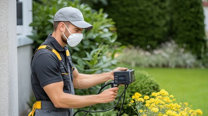 Worker in overalls holding a sprayer, wearing a mask while spray-painting equipment in a park surrounded by greenery