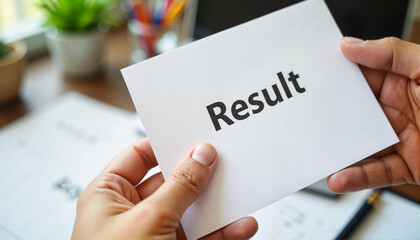 Person holding a result card with focus on expression, Exam Theme