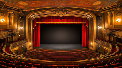 Obraz premium Stage with red curtains. Cinema theater stage with curtains. Stage with curtains and spotlight. Interior of a theater. Empty cinema hall. 