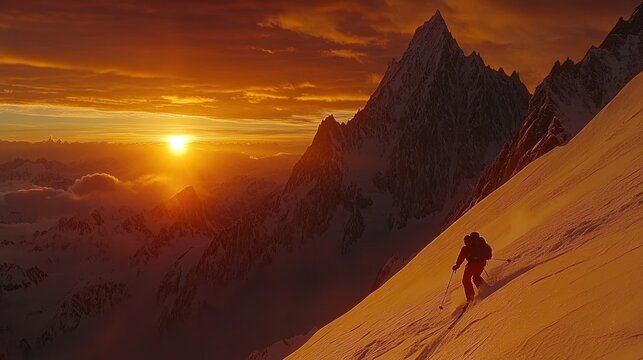 Skier descends snowy mountain slope at sunset.