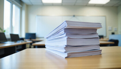 Stack of papers on wooden table in modern office, Exam Theme