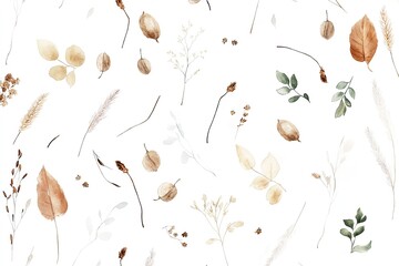 Delicate arrangement of dried leaves and flowers on light backgr