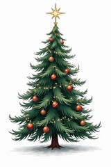 Fototapeta premium A tall, lush Christmas tree with deep green needles is beautifully adorned with shiny, terracotta and emerald ornaments. Twinkling white lights wrap around the branches, and a sparkling star sits atop