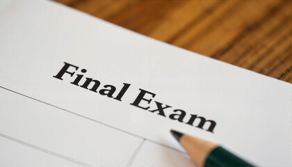 Final exam paper on wooden desk, Exam Theme