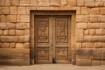 Intricate carvings adorn the wooden door of the temple of soleb, set within a sandstone wall, showcasing ancient craftsmanship and history