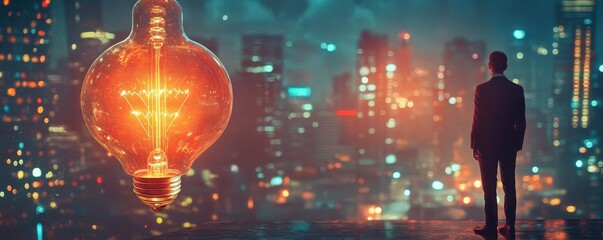 Young male gazing at cityscape with oversized lightbulb at night