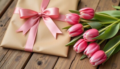 Charming pink tulips beside elegant gift bag on rustic wooden table, celebration