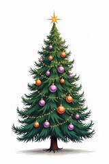 Fototapeta premium A tall, lush Christmas tree with deep green needles is beautifully adorned with shiny, lavender and orange ornaments. Twinkling white lights wrap around the branches, and a sparkling star sits atop