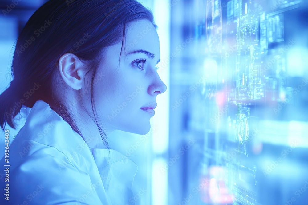 Poster focused scientist analyzing data in futuristic lab illuminated b