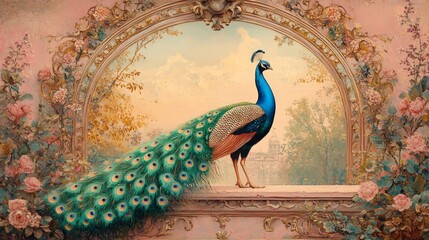 A Mughal-inspired garden illustration featuring a peacock, floral patterns, and traditional motifs. Perfect for decor and cultural designs.