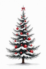 Fototapeta premium A compact, bushy Christmas tree is decorated with red toys, bows and garlands. Its branches are dusted with artificial snow, giving it a whimsical, cozy appearance