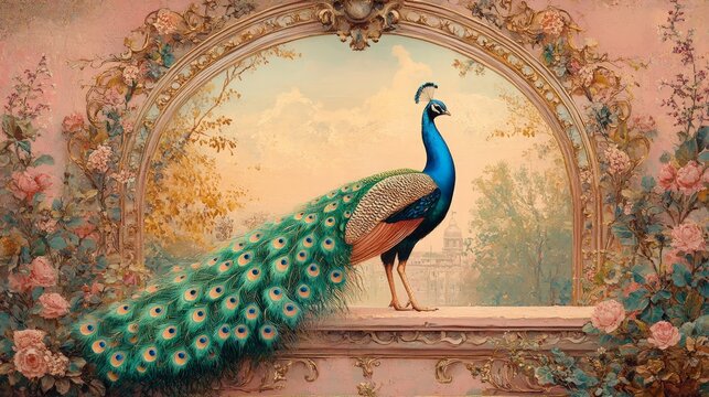 A Mughal-inspired garden illustration featuring a peacock, floral patterns, and traditional motifs. Perfect for decor and cultural designs.