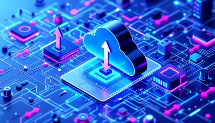 Naklejka premium Cloud computing with data servers, smartphone, laptop, data storage, blue and purple color scheme, futuristic technology, 3D render, cybersecurity concept.