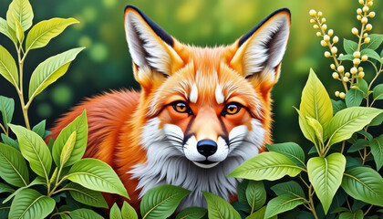 Fototapeta premium Curious fox peeking out from vibrant foliage, nature's vitality