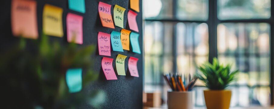 Colorful sticky notes on black board in office with potted plants and pencils