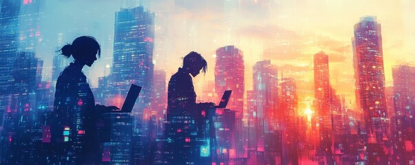 Silhouetted adults working on laptops against futuristic cityscape at sunset