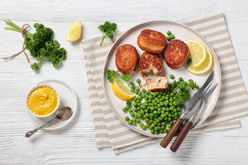 Danish atlantic cod fish cakes with green peas