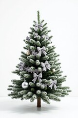 Fototapeta premium A compact, bushy Christmas tree is decorated with silver and gray toys, bows and garlands. Its branches are dusted with artificial snow, giving it a whimsical, cozy appearance