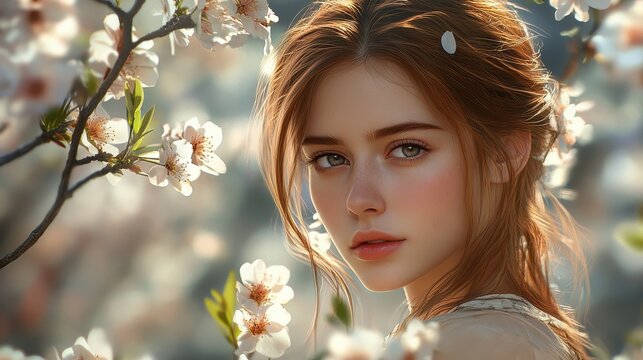 Young woman amid blossoming cherry blossoms in serene spring setting